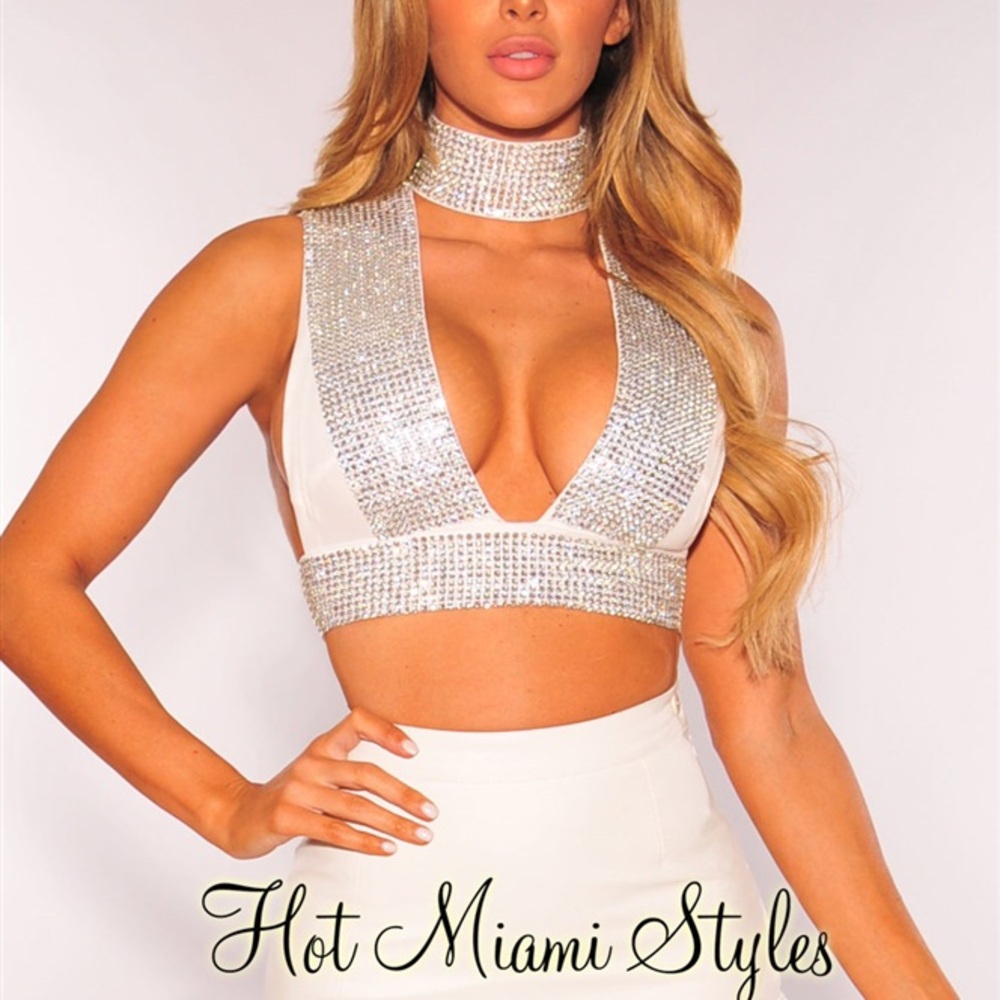 Hot Miami Styles White and Silver Embellished Top